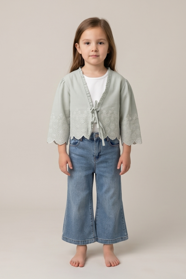 Kız Çocuk Jean Takım 2-5 Yaş Güpür Detaylı Bol Paça Pantolonlu Takım Mint Yeşili