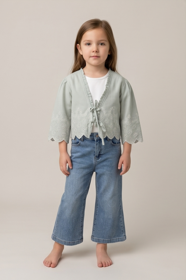 Kız Çocuk Jean Takım 2-5 Yaş Güpür Detaylı Bol Paça Pantolonlu Takım Mint Yeşili