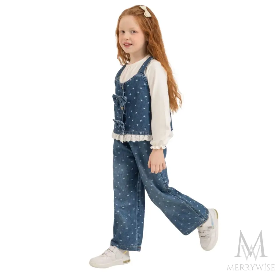 3-6 Yaş Kalp Desenli Denim Yelekli Kız Çocuk Takım