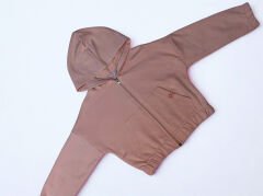 5-8 Yaş Diagonel Kemer Çocuk Kapüşonlu Fermuarlı Hırka – Kız Gri&Pudra Renk