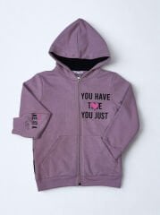 Kız çocuk 5-8 Yaş Baskılı Fermuarlı Hırka Mürdüm Rengi