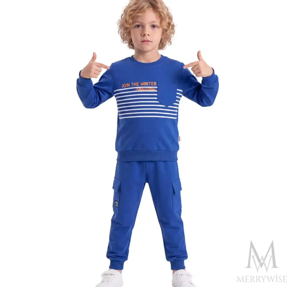 7-10 Yaş Mavi Çizgili Sweatshirt ve Kargo Cepli Erkek Çocuk Eşofman Takım