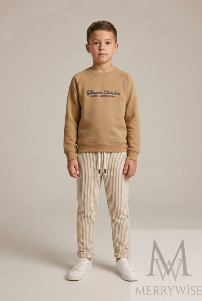 5-12 Yaş Taba Baskılı Sweatshirt ve Çizgili Pantolon Erkek Çocuk Eşofman Takımı