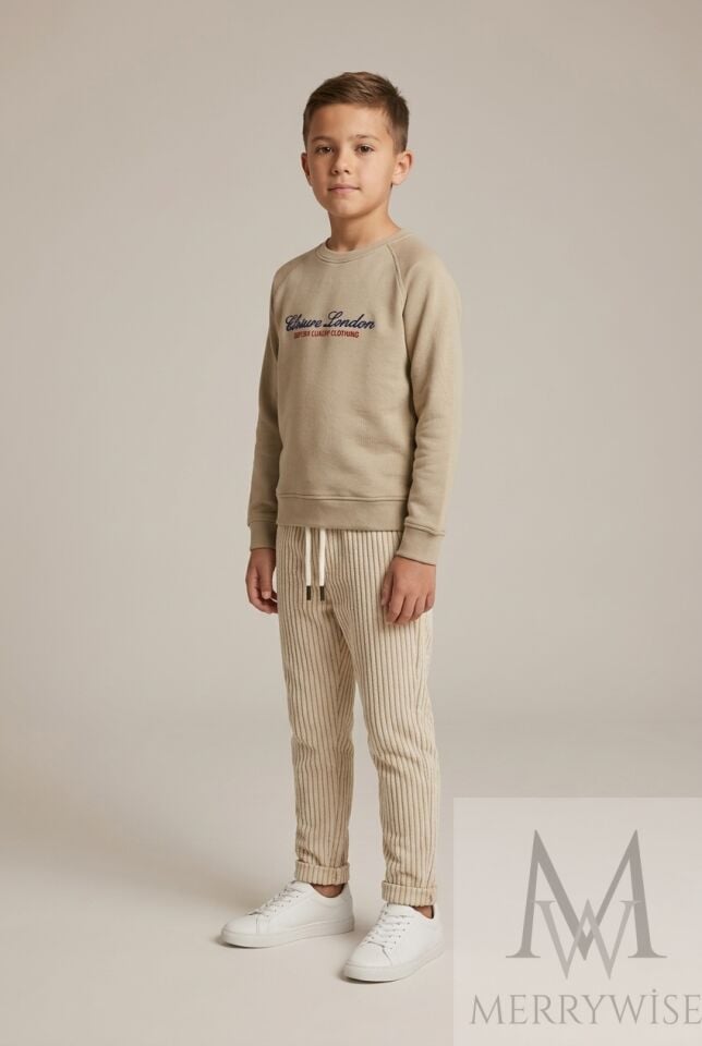 5-12 Yaş Taba Baskılı Sweatshirt ve Çizgili Pantolon Erkek Çocuk Eşofman Takımı