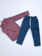 3-10 Yaş Erkek Çocuk Gömlek Ve Pantolon İkili Takım-Kareli Uzun Kollu Gömlek+Kot Pantolon