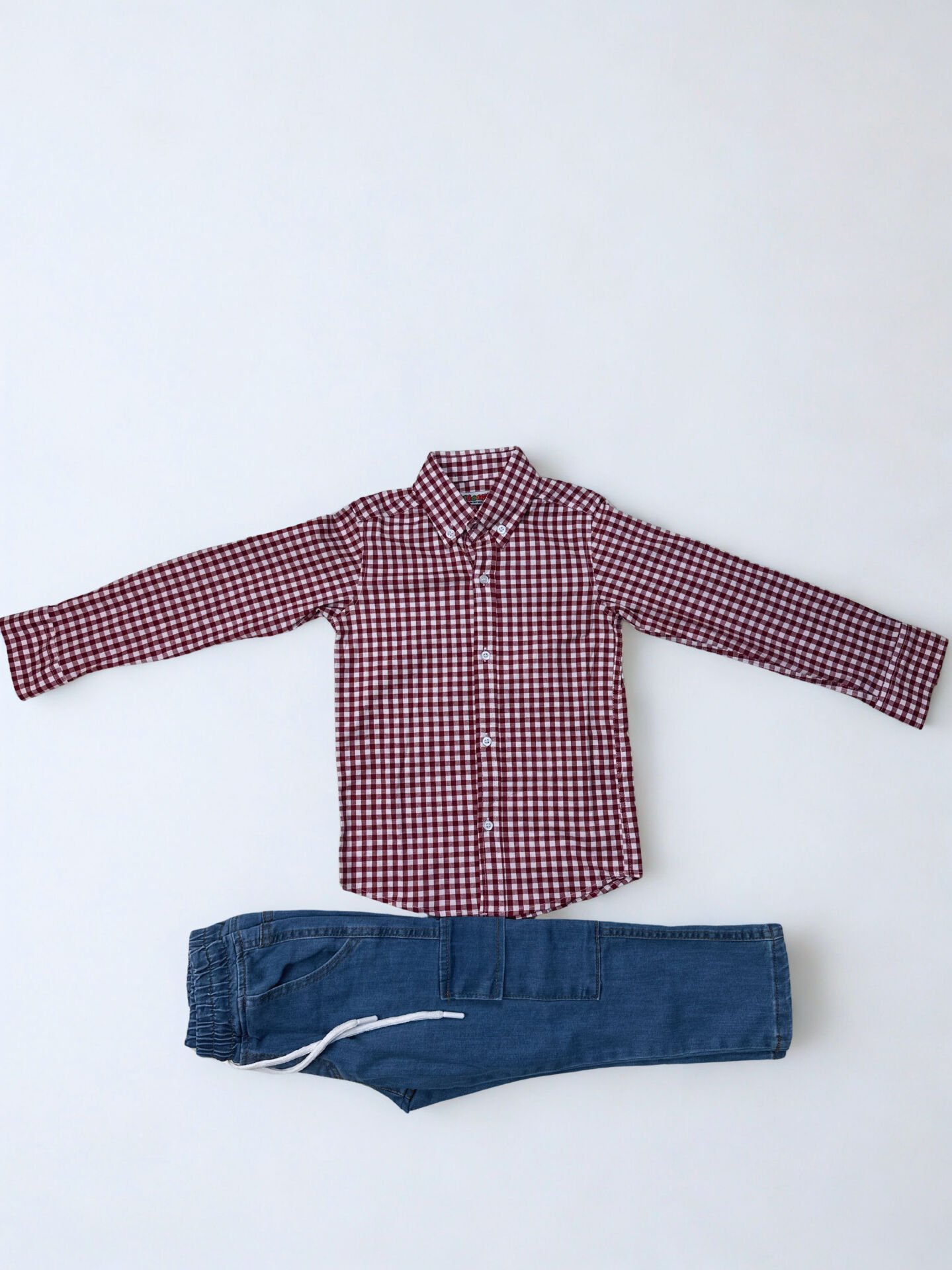 3-10 Yaş Erkek Çocuk Gömlek Ve Pantolon İkili Takım-Kareli Uzun Kollu Gömlek+Kot Pantolon