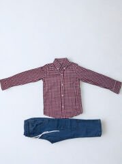 3-10 Yaş Erkek Çocuk Gömlek Ve Pantolon İkili Takım-Kareli Uzun Kollu Gömlek+Kot Pantolon