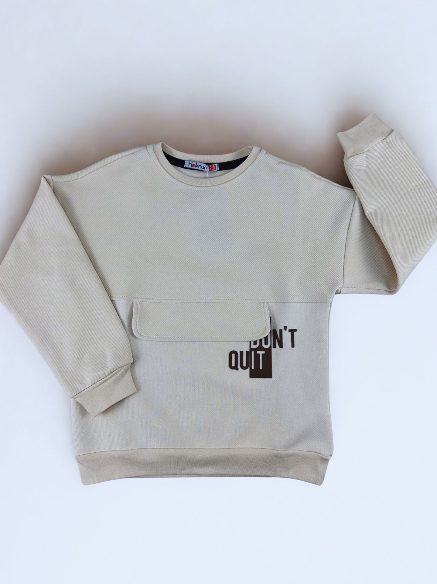 5-8 Yaş Erkek Çocuk Sweatshirt – Bej Renk, “Don’t Quit” Baskılı