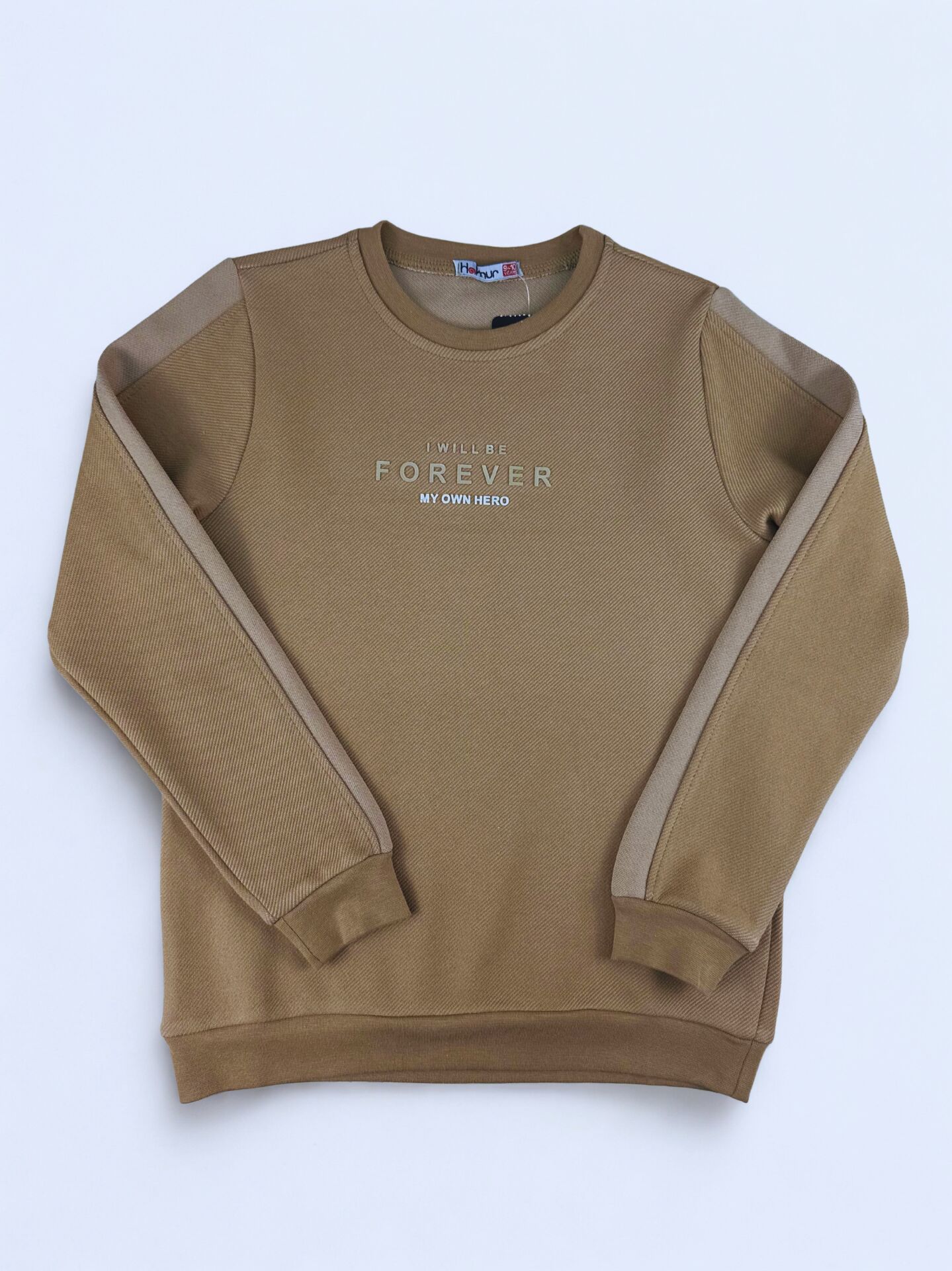 9-12 Yaş Erkek Çocuk Sweatshirt – Kahverengi, “Forever” Yazılı, Şerit Detaylı