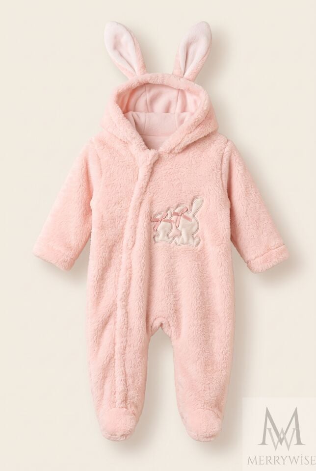 6-12 Ay Pembe Tavşan Kulaklı Peluş  Patikli Kız Bebek Tulum Welsoft