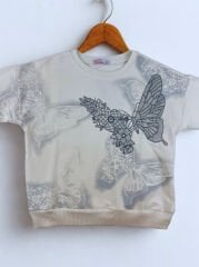 5-8 Yaş Kelebek Nakışlı 2 İp Kız Sweat- Ekru