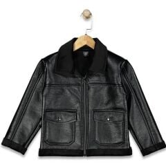 5-8 Yaş Erkek Çocuk Kahverengi Pilot Tarzı Suni Deri Mont	Kürklü Yaka Detaylı