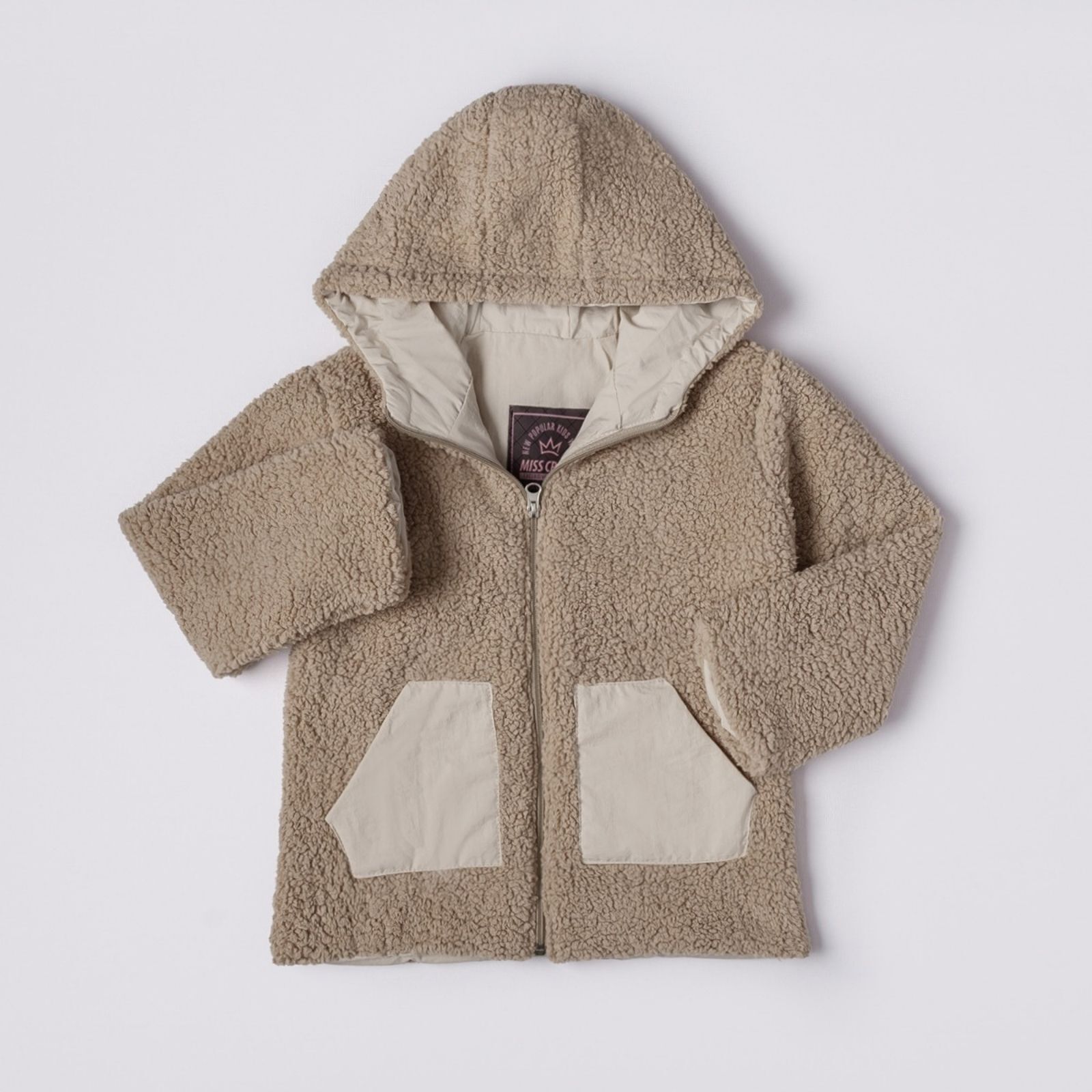 1-4 Yaş Kız Çocuk Bej Kapüşonlu Yumuşak Peluş Kumaş Astarlı Ceket