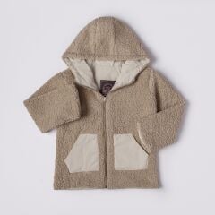 1-4 Yaş Kız Çocuk Bej Kapüşonlu Yumuşak Peluş Kumaş Astarlı Ceket