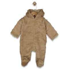 3-9 Ay  Unisex  Tüylü/Püsküllü Ayı Desenli Kapüşonlu Bebek Tulumu |Kahverengi Peluş Tulum / Kundak