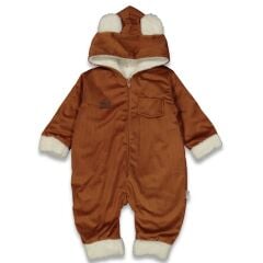 3-9 Ay  Unisex  Kulaklı Ayı Desenli Fitilli Kadife/Kordonlu Bebek Tulumu | İçi Welsoft Kışlık Tulum