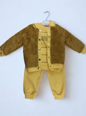 1-4 Yaş Erkek Çocuk Peluş Hırkalı 3'lü Takım - Kahverengi