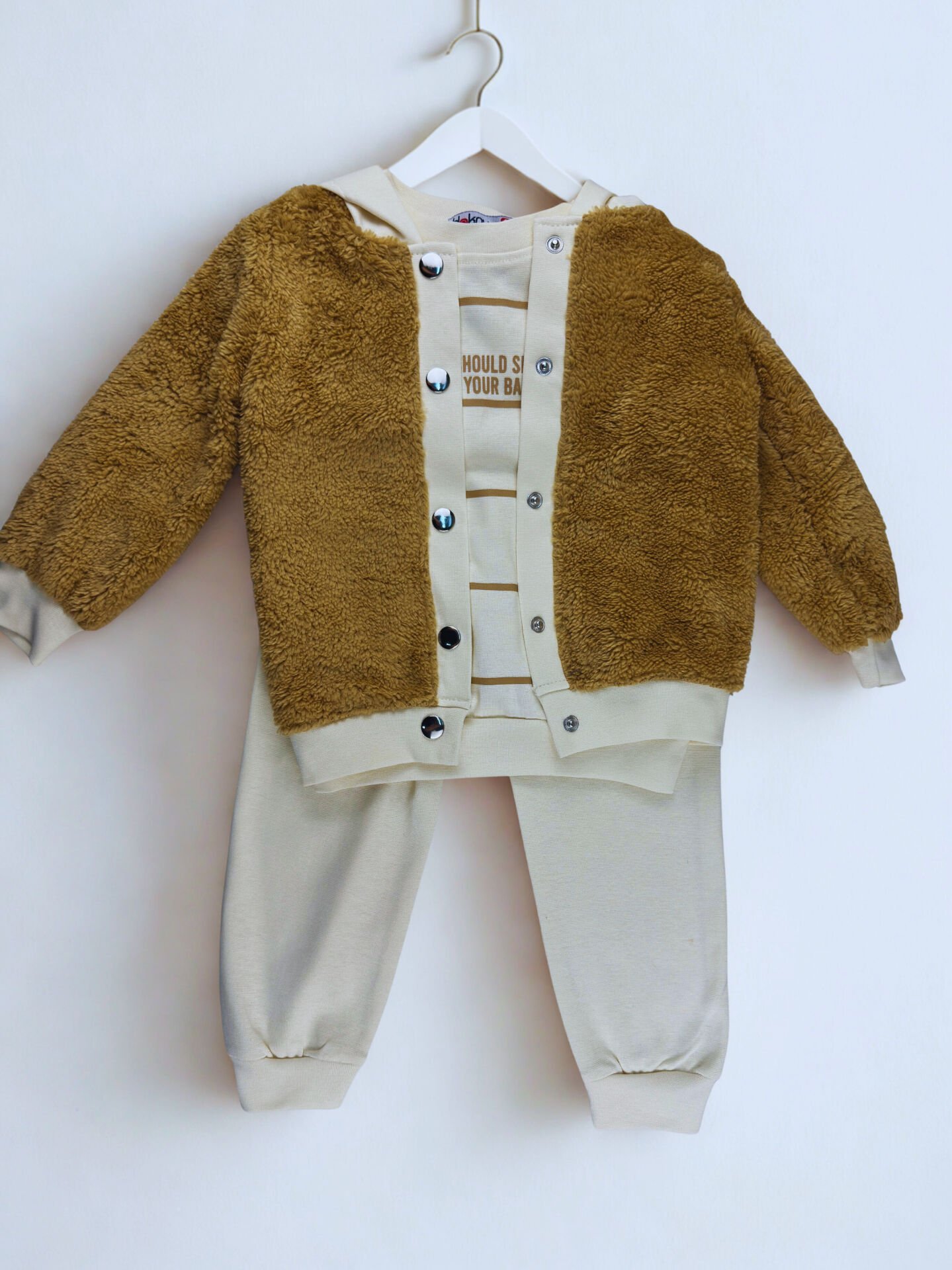 1-4 Yaş Erkek Çocuk Peluş Hırkalı 3'lü Takım - Kahverengi