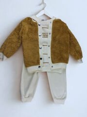 1-4 Yaş Erkek Çocuk Peluş Hırkalı 3'lü Takım - Kahverengi