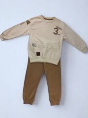 3-6 Yaş Erkek Çocuk Baskılı Kanguru Cepli 2'li Takım - Bej & Kahve