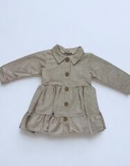 2-5 Yaş Kız Çocuk Fırfırlı (Kat Kat) Süet Elbise - Bej/Kahve