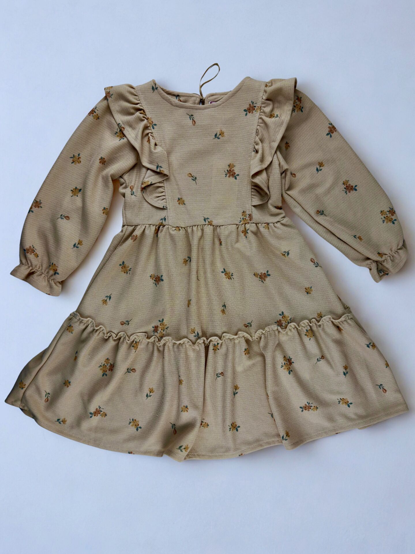 6-9 Yaş Kız Çocuk Çiçek Desenli Fırfırlı Elbise - Krem/Bej