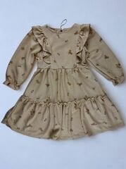 6-9 Yaş Kız Çocuk Çiçek Desenli Fırfırlı Elbise - Krem/Bej