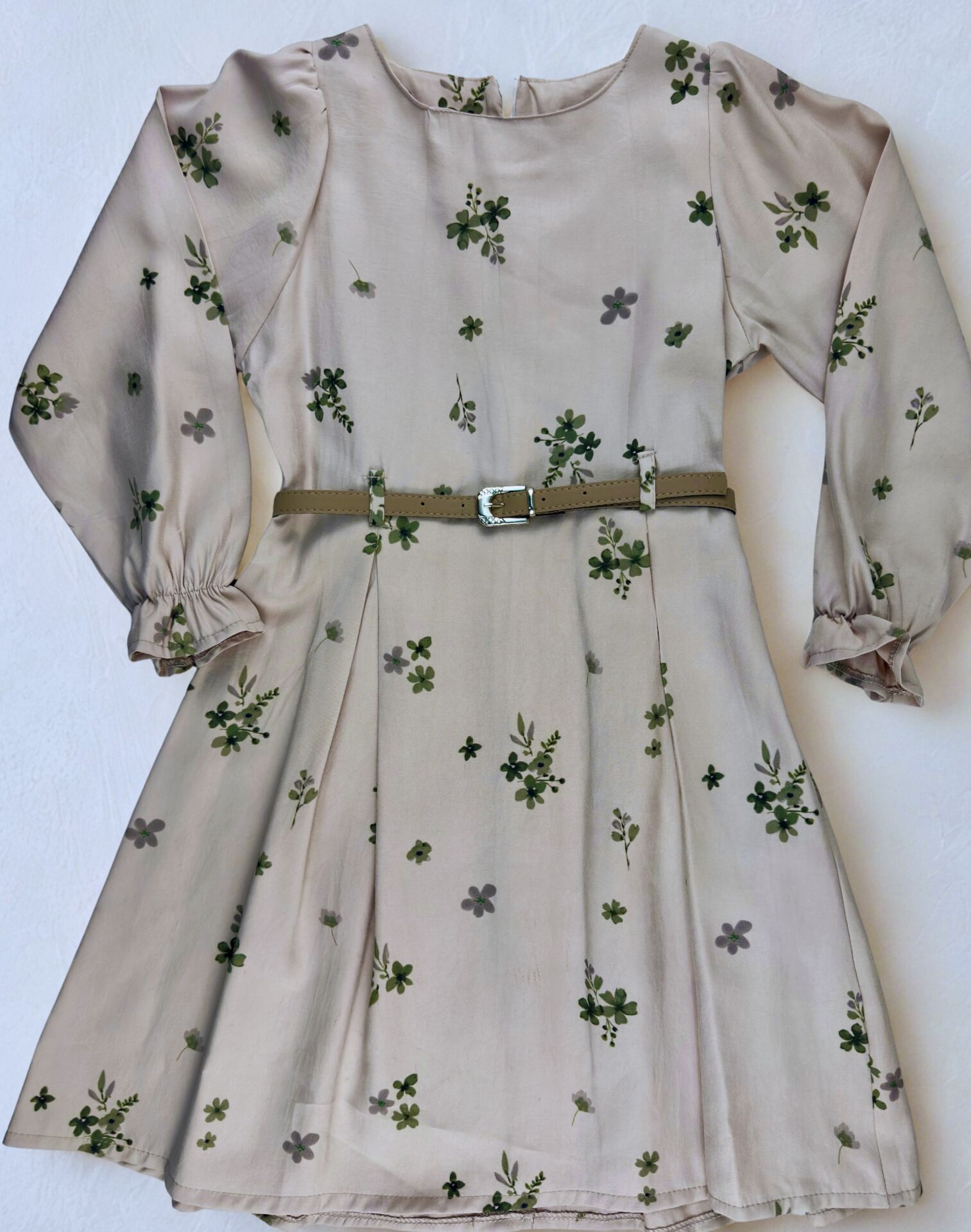 6-9 Yaş Kız Çocuk Kemerli Çiçek Desenli Saten Elbise - Yeşil/Krem