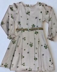 6-9 Yaş Kız Çocuk Kemerli Çiçek Desenli Saten Elbise - Yeşil/Krem