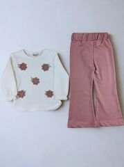3-6 Yaş Kız Çocuk Nakışlı Waffle Üst ve İspanyol Paça Takım