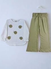 3-6 Yaş Kız Çocuk Nakışlı Waffle Üst ve İspanyol Paça Takım