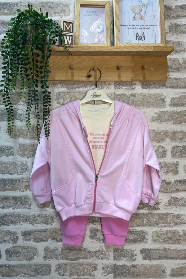 9-24 Ay Kız Bebek Kapüşonlu Fermuarlı Sweatshirt – Pembe Renk Rahat ve Şık Bebek Hırka