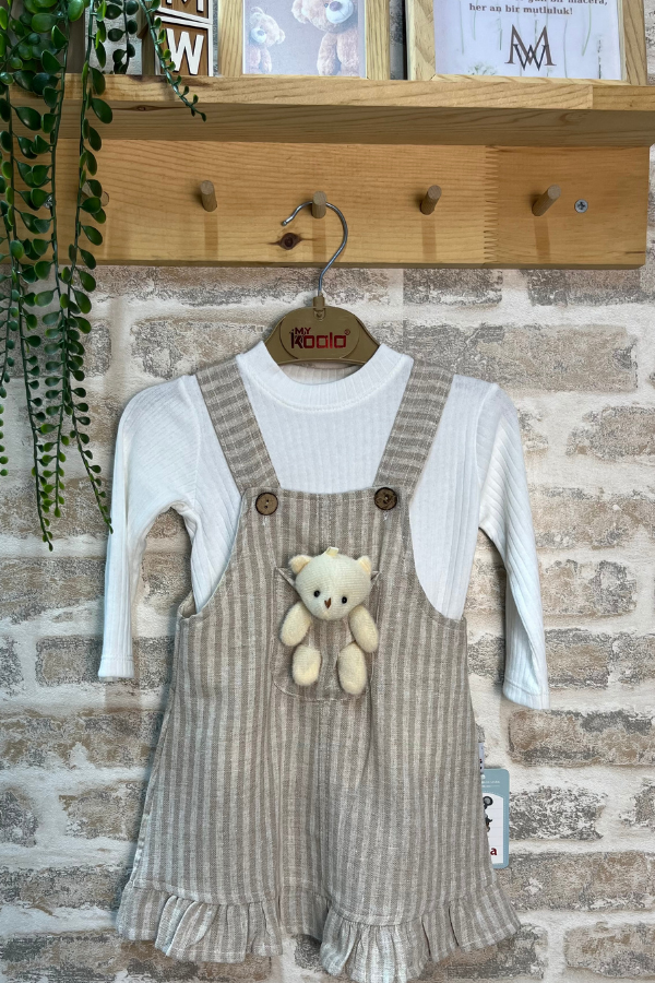 Bej Çizgili Salopet Elbise - Ayıcık Oyuncaklı Kız Bebek Takımı