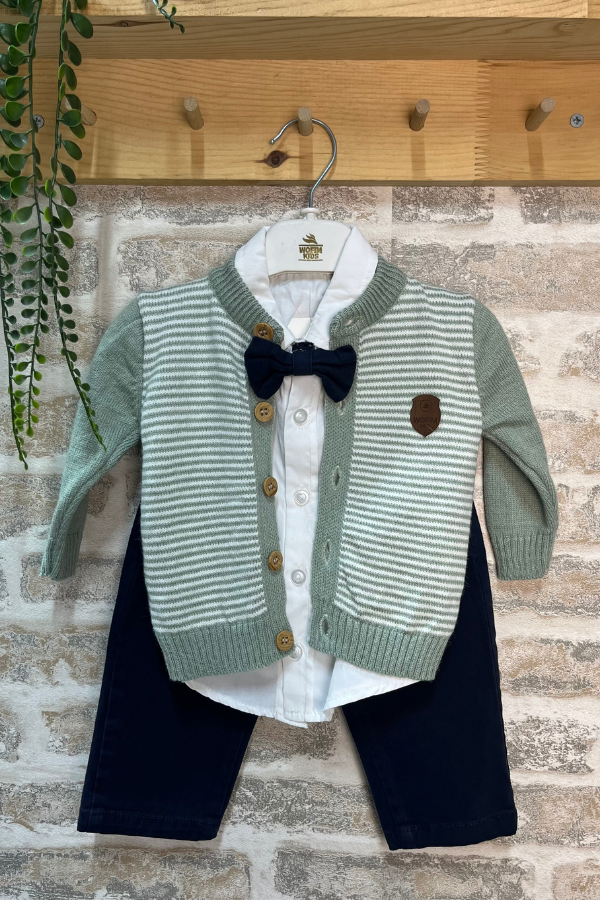 Erkek Bebek Takım 9-24 Ay Triko Hırkalı Papyonlu Şık Bebek Kombini