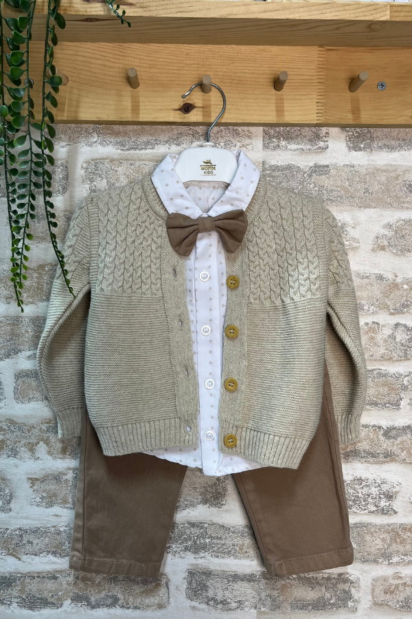 Erkek Bebek Takım 9-24 Ay Triko Hırkalı Papyonlu Şık Bebek Kombini