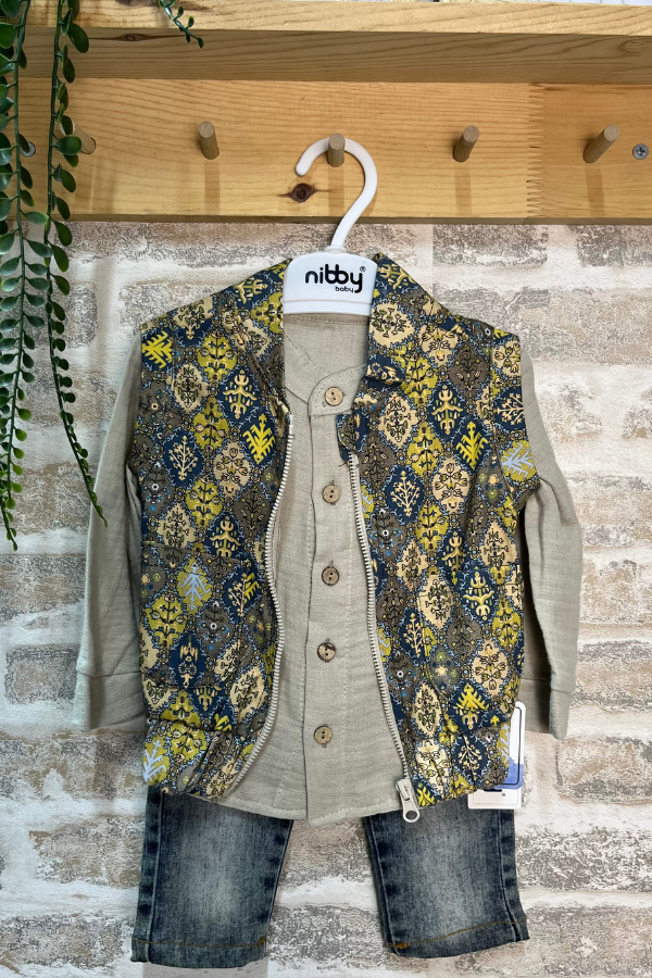 Erkek Bebek Takımı 9-24 Ay – Desenli Yelekli Şık Bebek Kombini