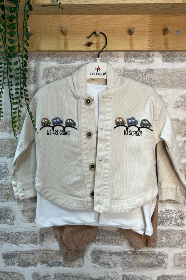 Erkek Bebek Takımı 9-24 Ay – Arabalı Nakışlı, Bej Tonlu Şık Kombin