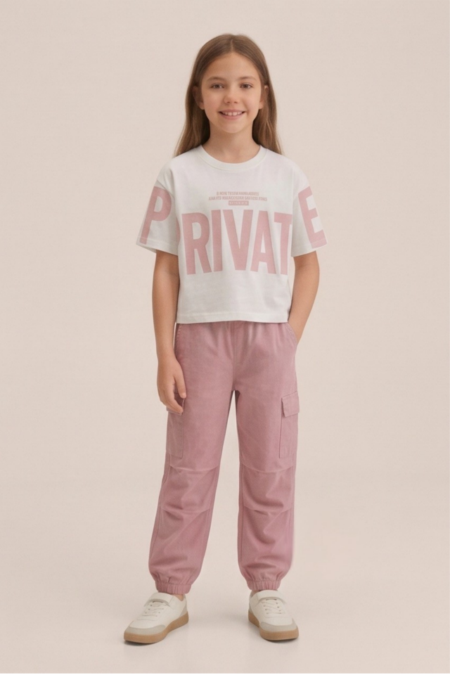 6-9 Yaş Kız Çocuk ikili Takım Çocuk Private Baskılı  Tişört Jogger Pantolon Pudra
