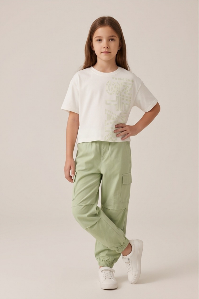 6-9 Yaş Kız Çocuk İkili Takım New Star Baskılı Tişört  Jogger Pantolon Mint
