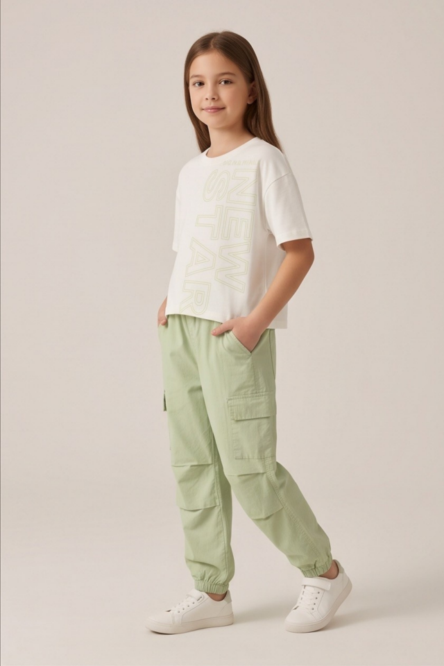 6-9 Yaş Kız Çocuk İkili Takım New Star Baskılı Tişört  Jogger Pantolon Mint