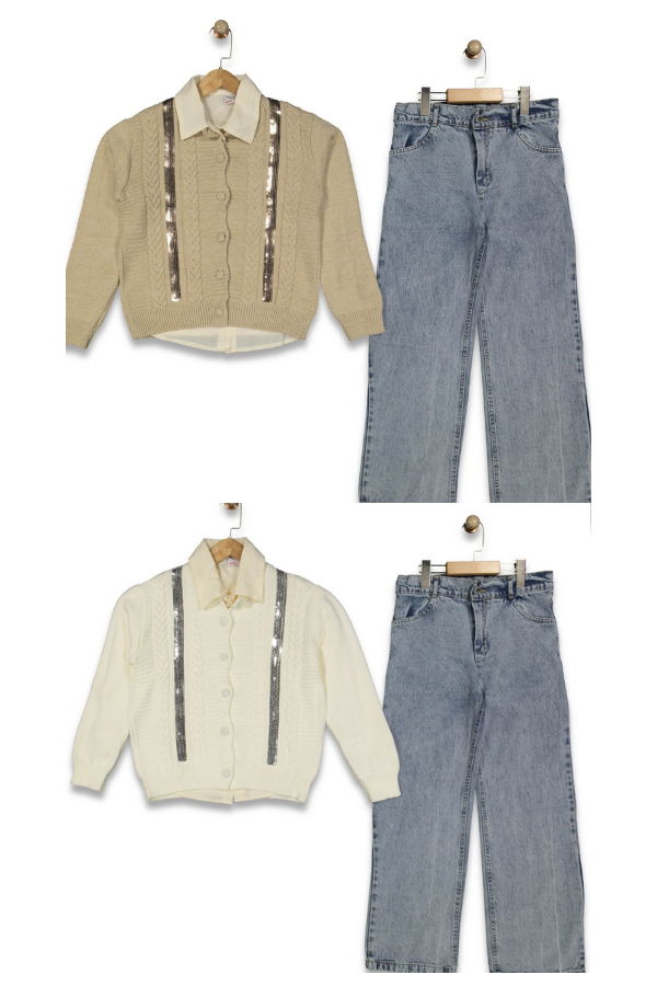 13 Yaş Kız Çocuk Triko Takım – Beyaz Üst ve Jean Pantolon Şık Günlük Kombin