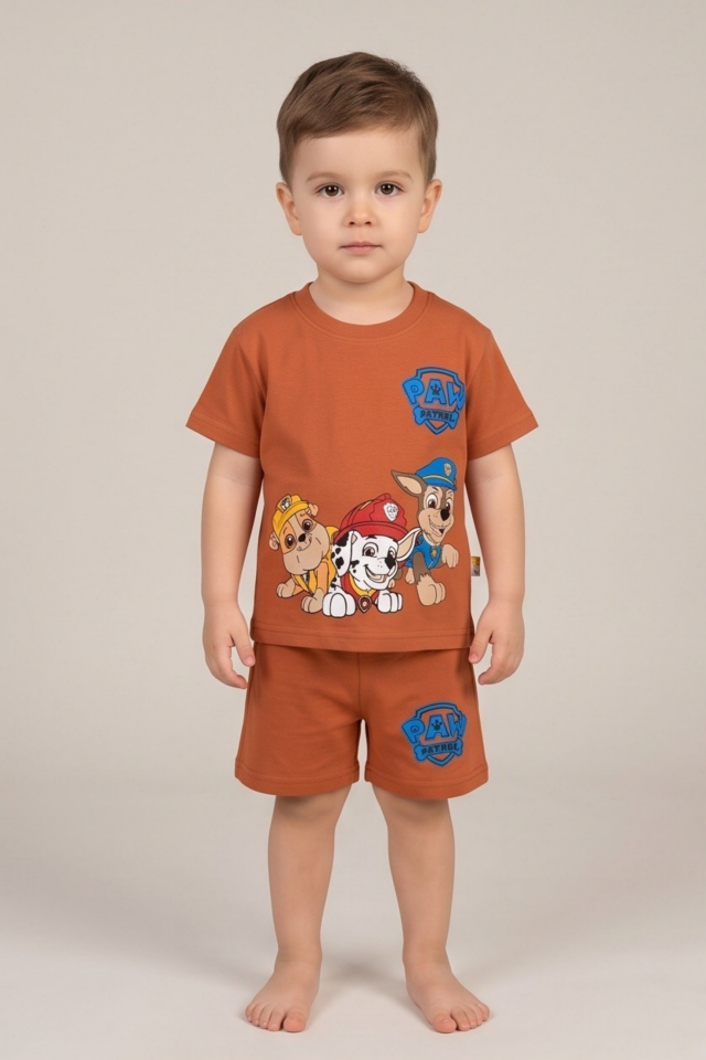 9-24 Ay Erkek Bebek Şortlu Takım Paw Patrol Baskılı Kahverengi