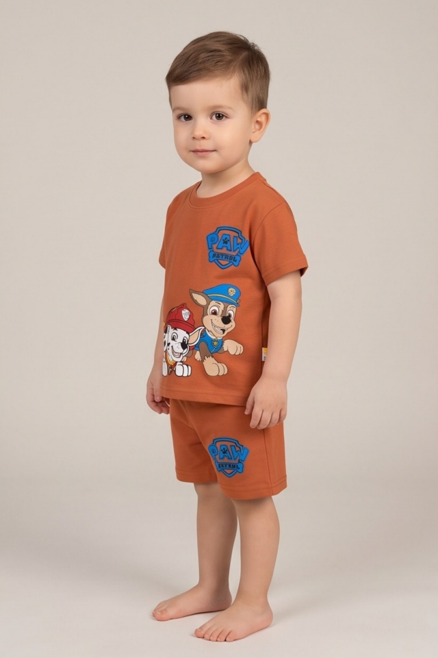 9-24 Ay Erkek Bebek Şortlu Takım Paw Patrol Baskılı Kahverengi