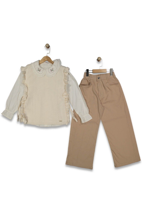 10-13 Yaş Kız Çocuk Takım – Yaka Çiçekli Fırfırlı Şık Model