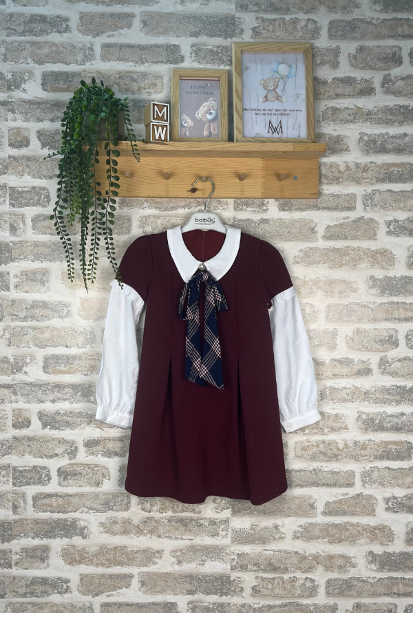 2-5 Yaş Kız Çocuk Elbise Kravat Detaylı Bordo Takım