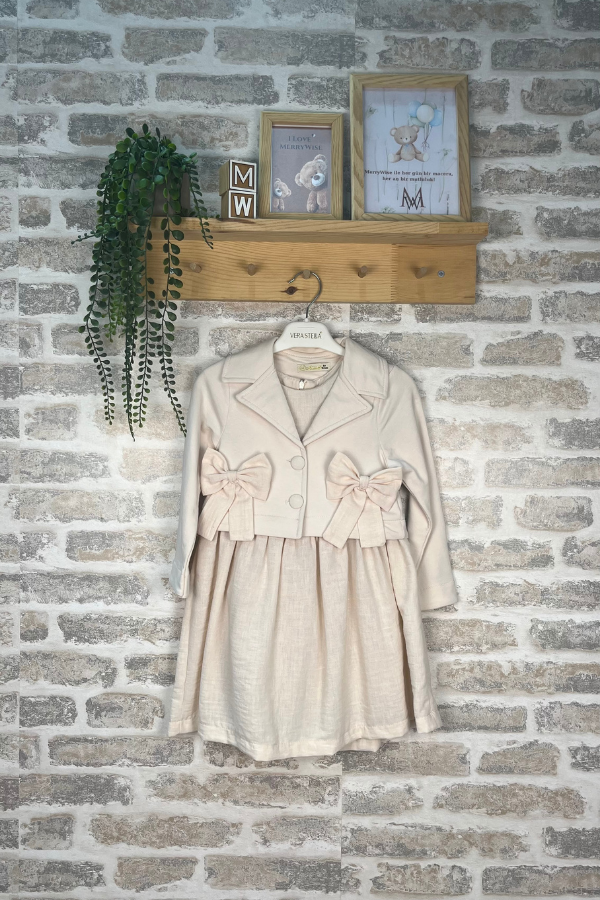 4-7 Yaş Kız Çocuk Elbise Fiyonklu Ceketli Bej Takım