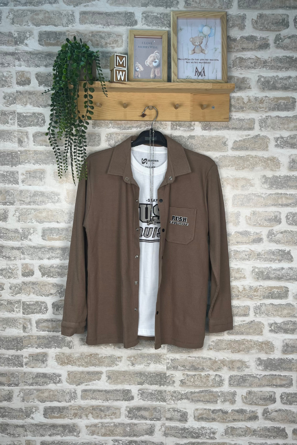 13-16 Yaş Erkek Çocuk Kahverengi Oversize Gömlek Ceket Tişörtlü Takım