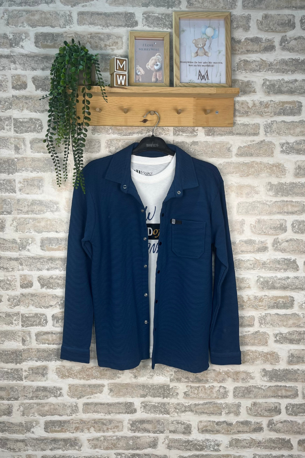 13-16 Yaş Erkek Çocuk Lacivert Oversize Gömlek Ceket Tişörtlü Takım