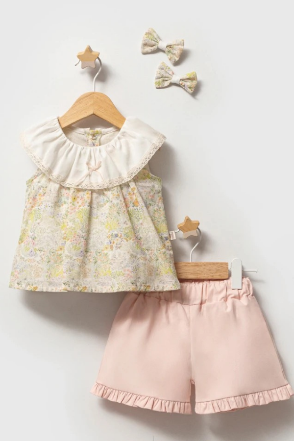 6-36 Ay Kız Bebek Elbise Takım Çiçek Desenli Şortlu 3’lü Bebek Kombini