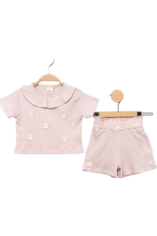 3-12 Ay Kız Bebek Takım Çiçek Detaylı Şortlu Yazlık 2’li Bebek Kombini